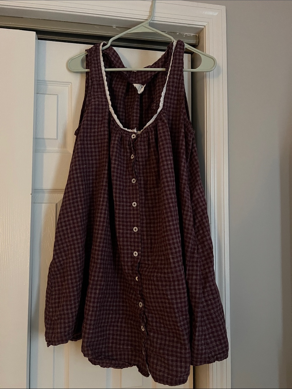Women's Sleeveless Button-Front Tunic Dress - Deep Plum Check